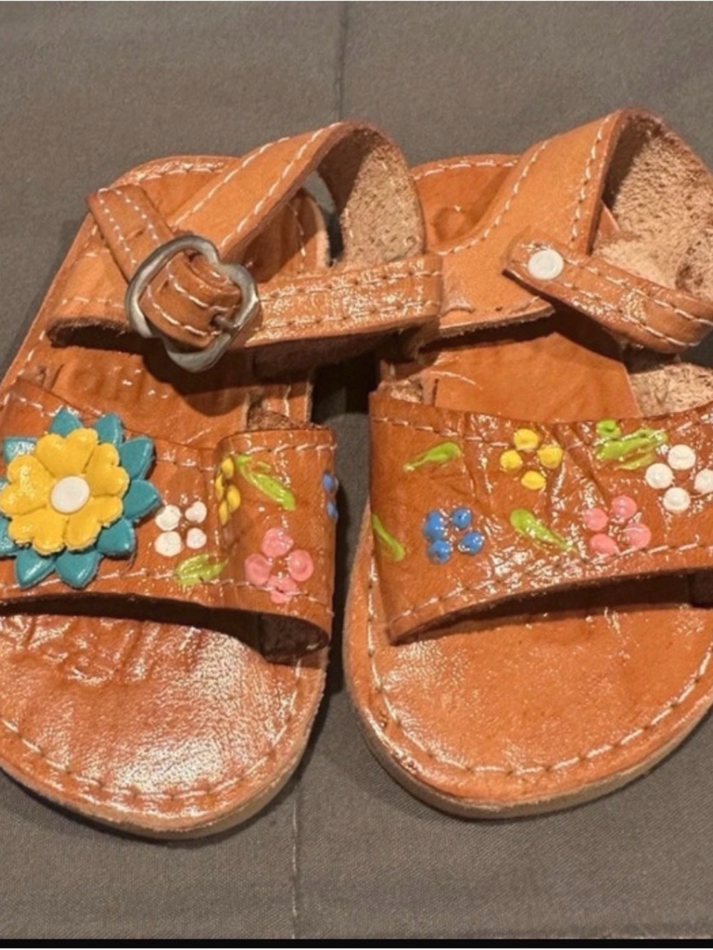 Kids Brown Floral Leather Sandals with Colorful Applique